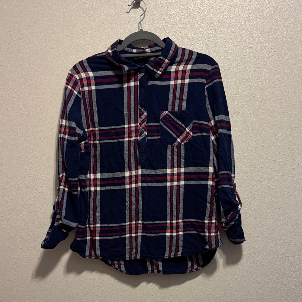 Casual Navy and Red Plaid Women's Button Down Shirt